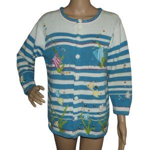 Striped Blue and White Sweater with Fish Embroidery